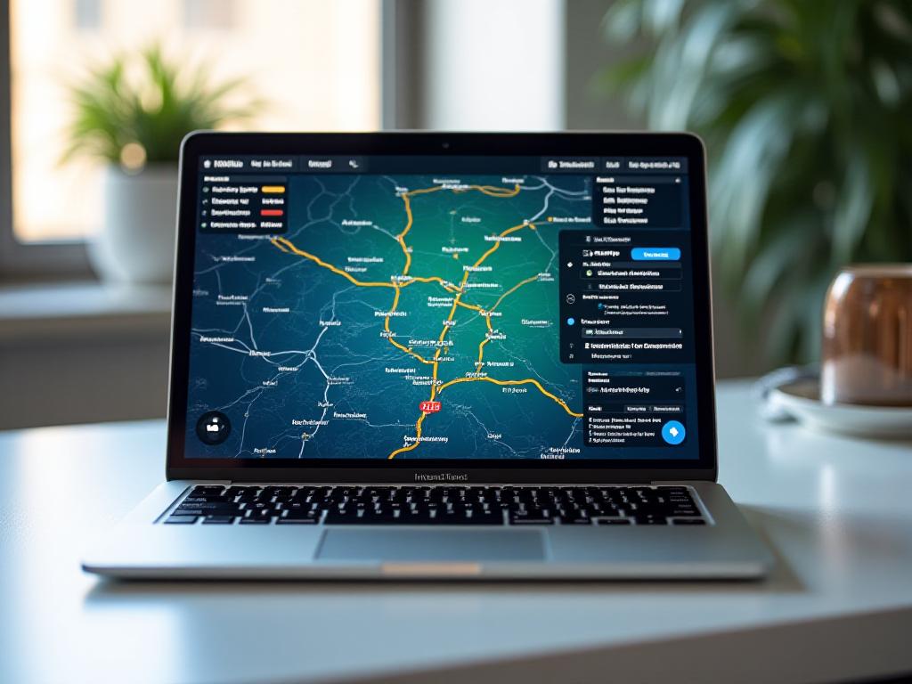 MacBook displaying advanced navigation mapping software with routes and points of interest